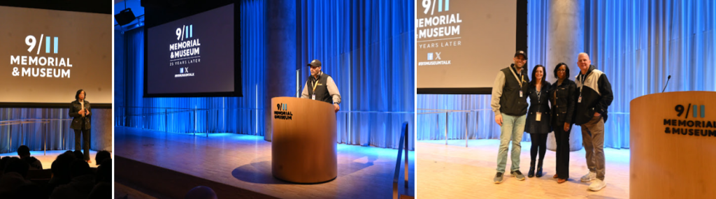 people standing on stage talking to students